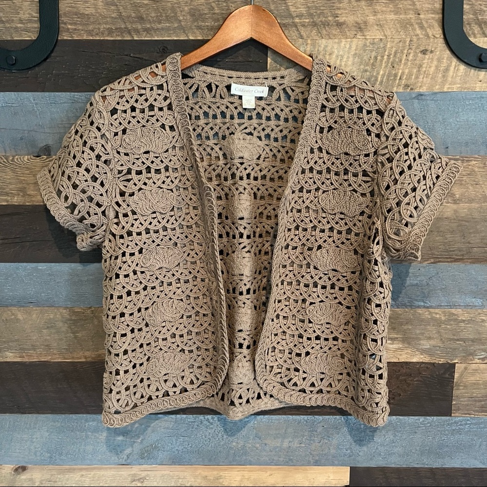 Coldwater Creek- brown. Open front, short sleeve